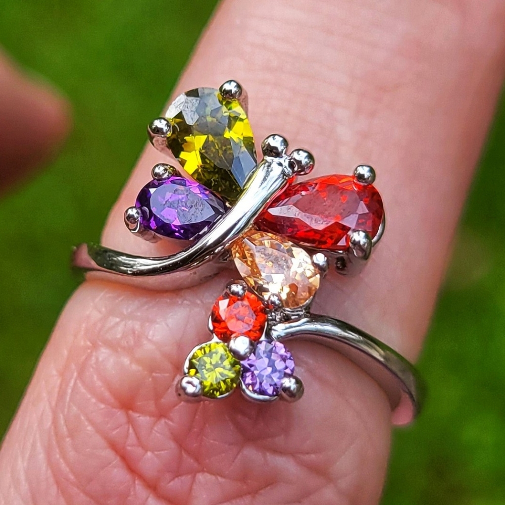 Dazzling Gemstone Butterfly Silver Ring Size 6.5